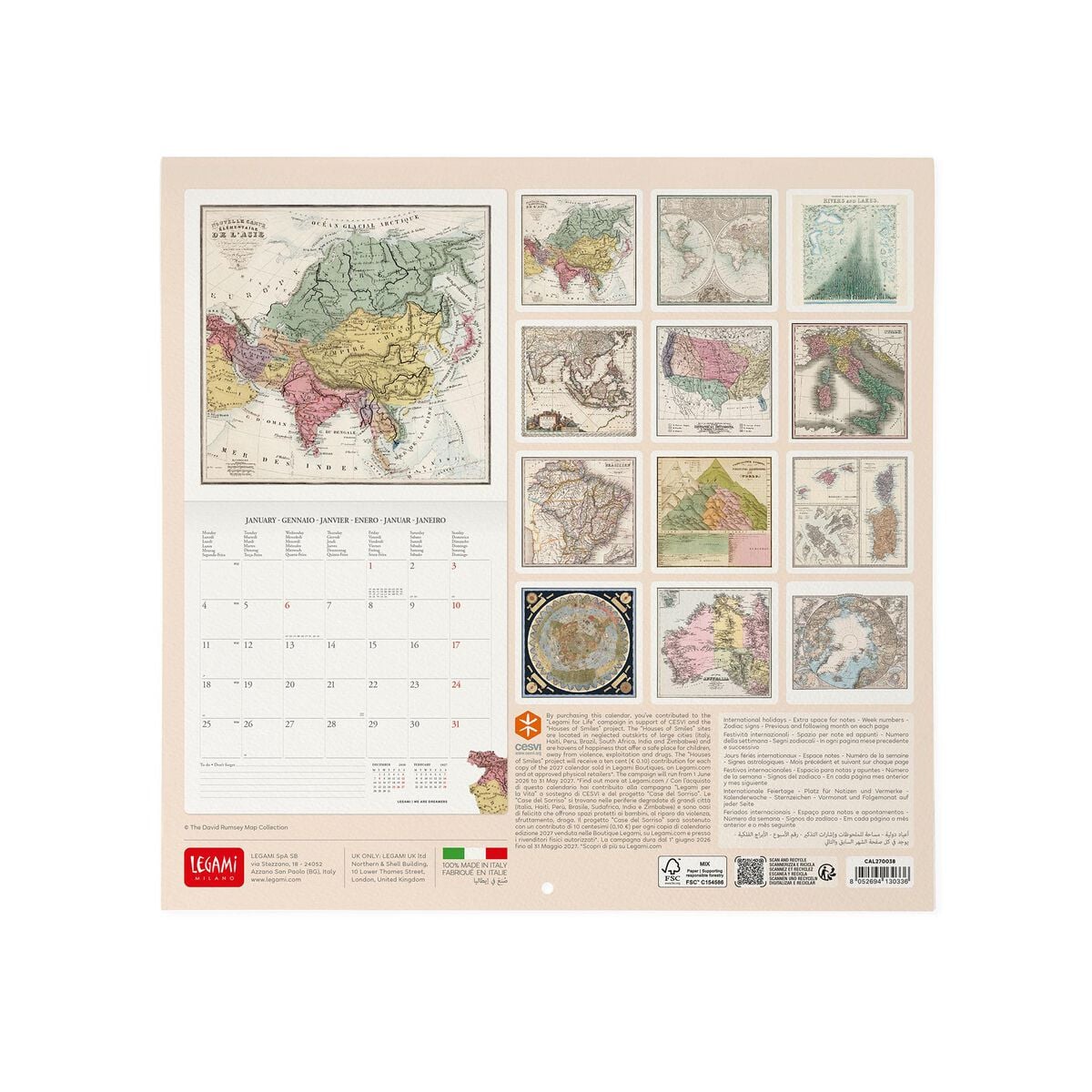 Legami - Vintage Maps 2027 Wall Takvim - 30 x 29 cm