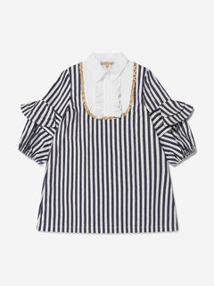 Elie Saab Girls Cotton And Silk Striped Ruffle Trim Dress in Navy