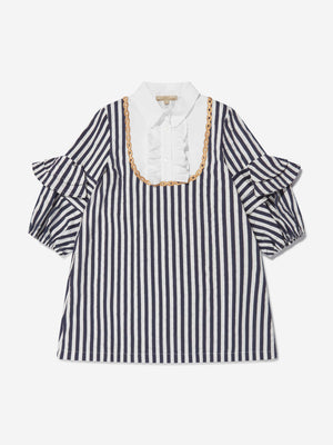 Elie Saab Girls Cotton And Silk Striped Ruffle Trim Dress in Navy