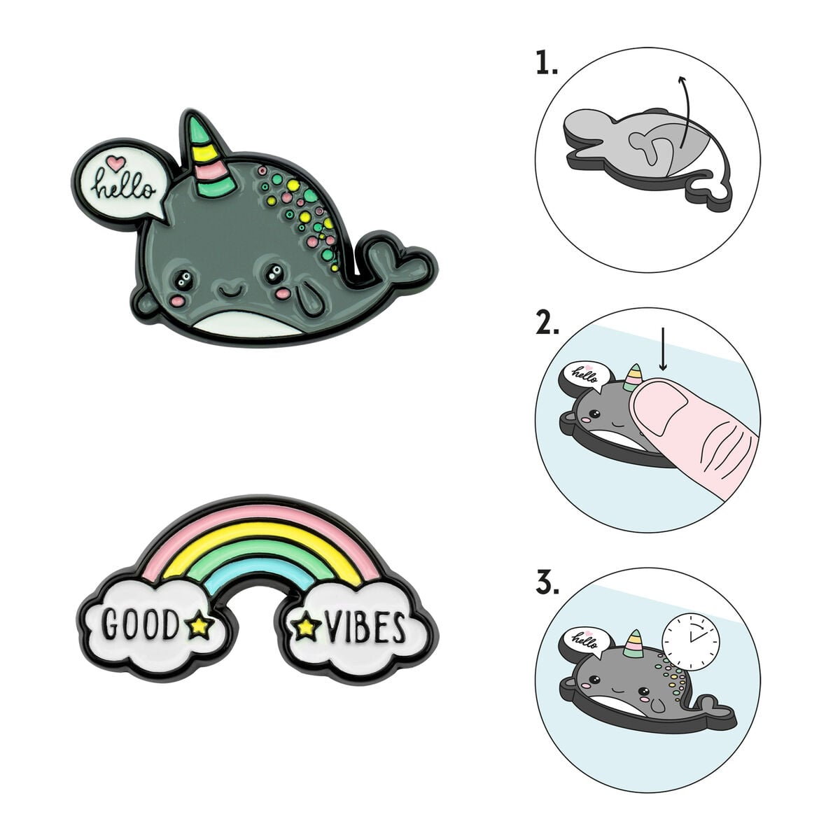 Legami - Set of 2 Narwhal + Rainbow Metal Stickers - Cutie