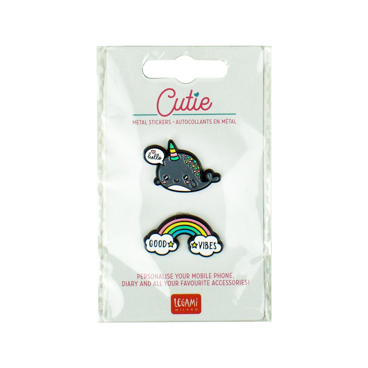 Legami - Set of 2 Narwhal + Rainbow Metal Stickers - Cutie