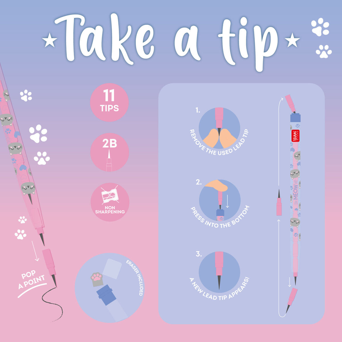Legami - Kitty Stackable Pencil with Eraser - Take a Tip