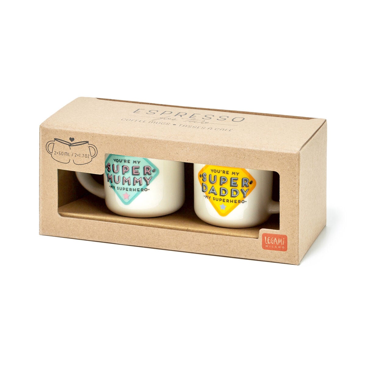 Legami - Set of 2 Coffee Cups - Super Mummy and Super Daddy - Espresso Two