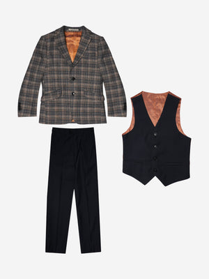 Romano Boys Check 3 Piece Suit in Brown