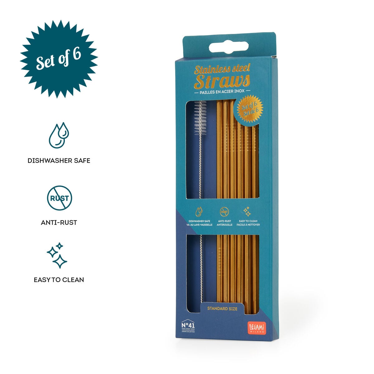Legami - Set of 6 Stainless Steel Straws - Standard Size