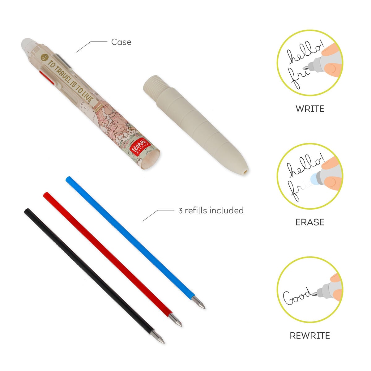 Legami - 3-Colour Erasable Gel Pen - Travel - Make Mistakes