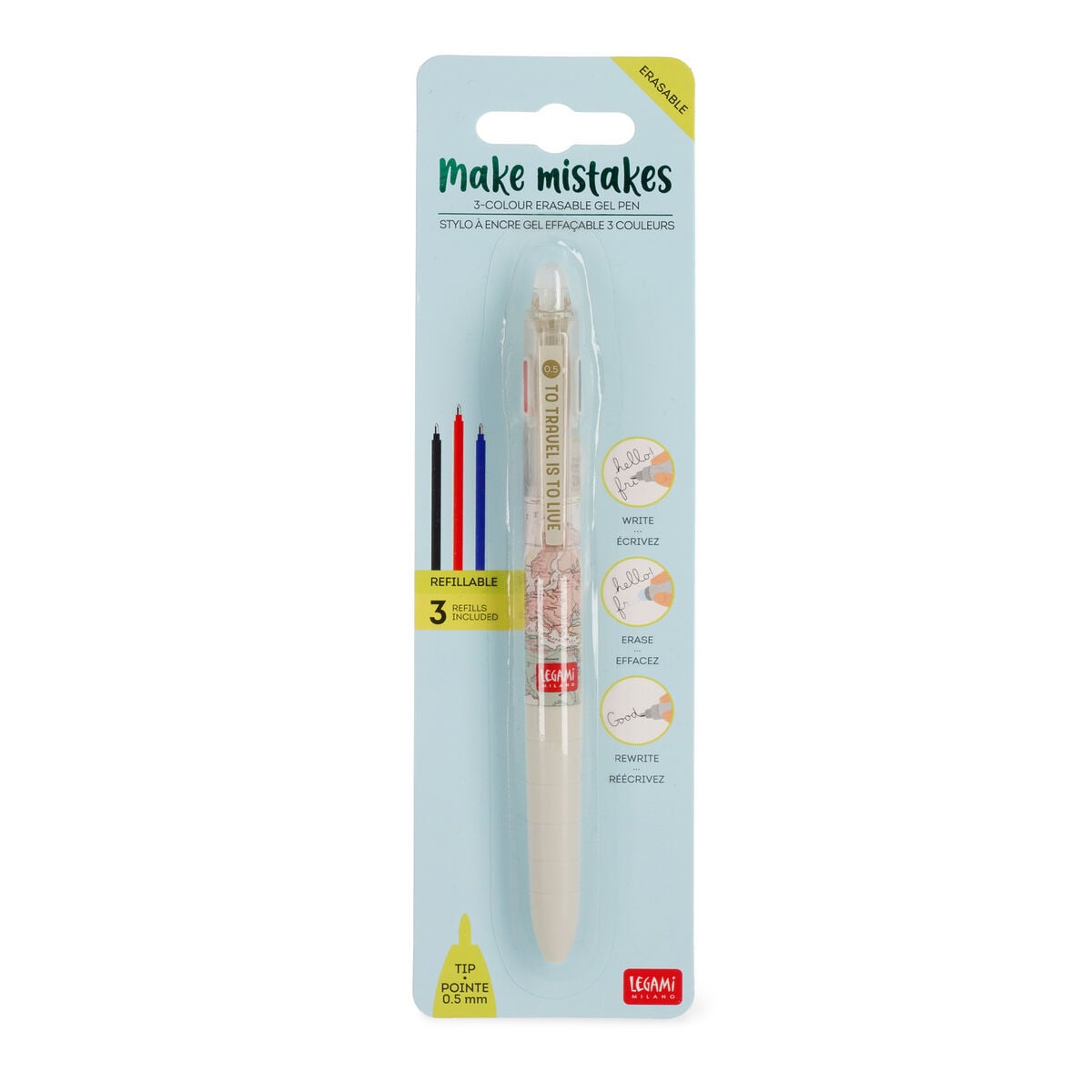 Legami - 3-Colour Erasable Gel Pen - Travel - Make Mistakes