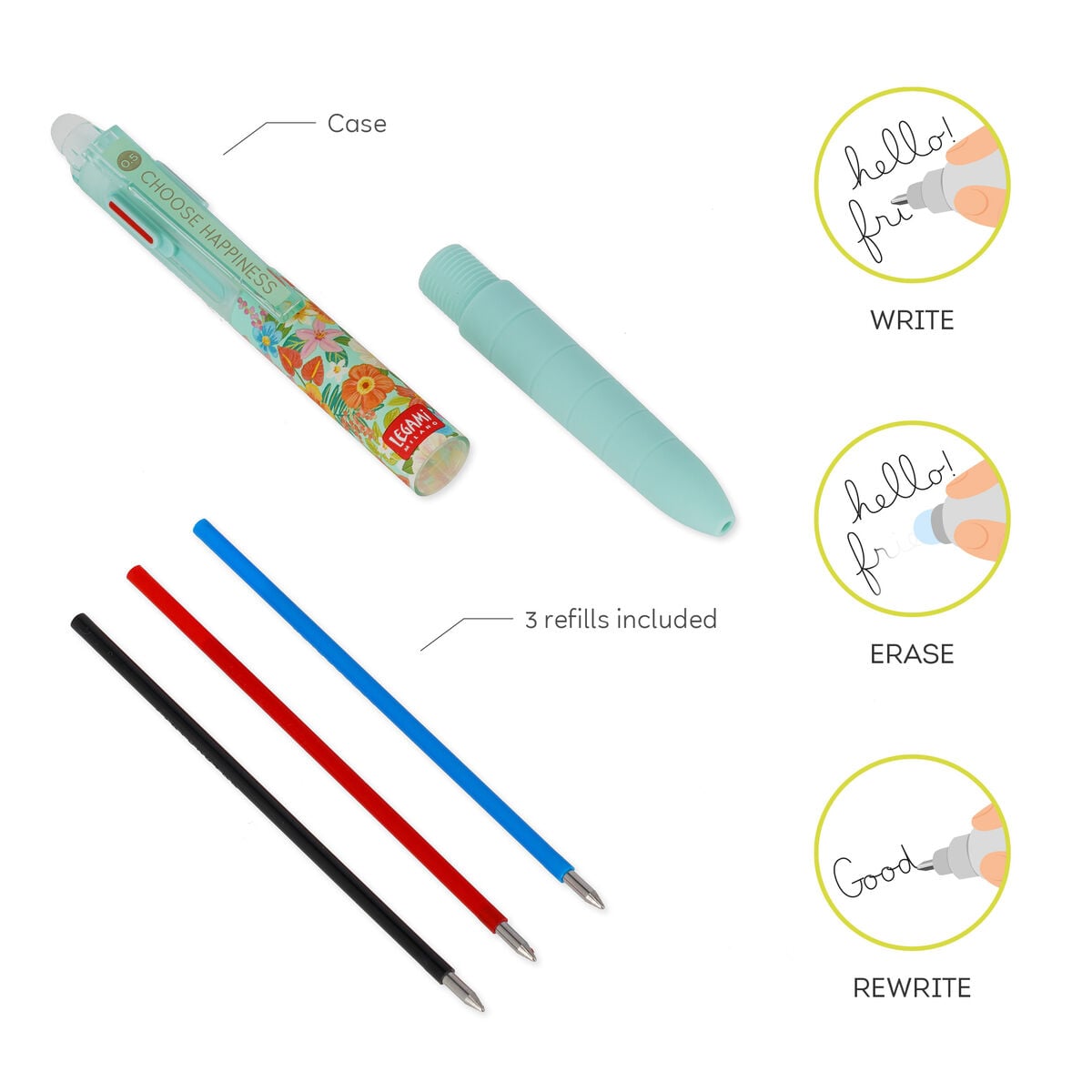 Legami - 3-Colour Erasable Gel Pen - Flowers - Make Mistakes