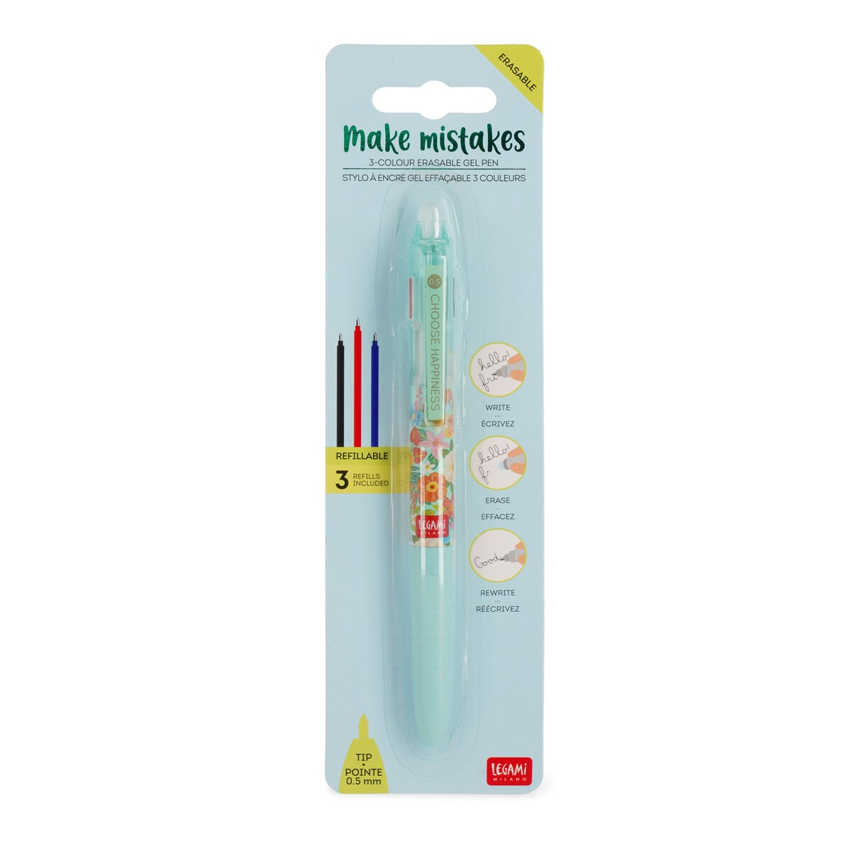 Legami - 3-Colour Erasable Gel Pen - Flowers - Make Mistakes