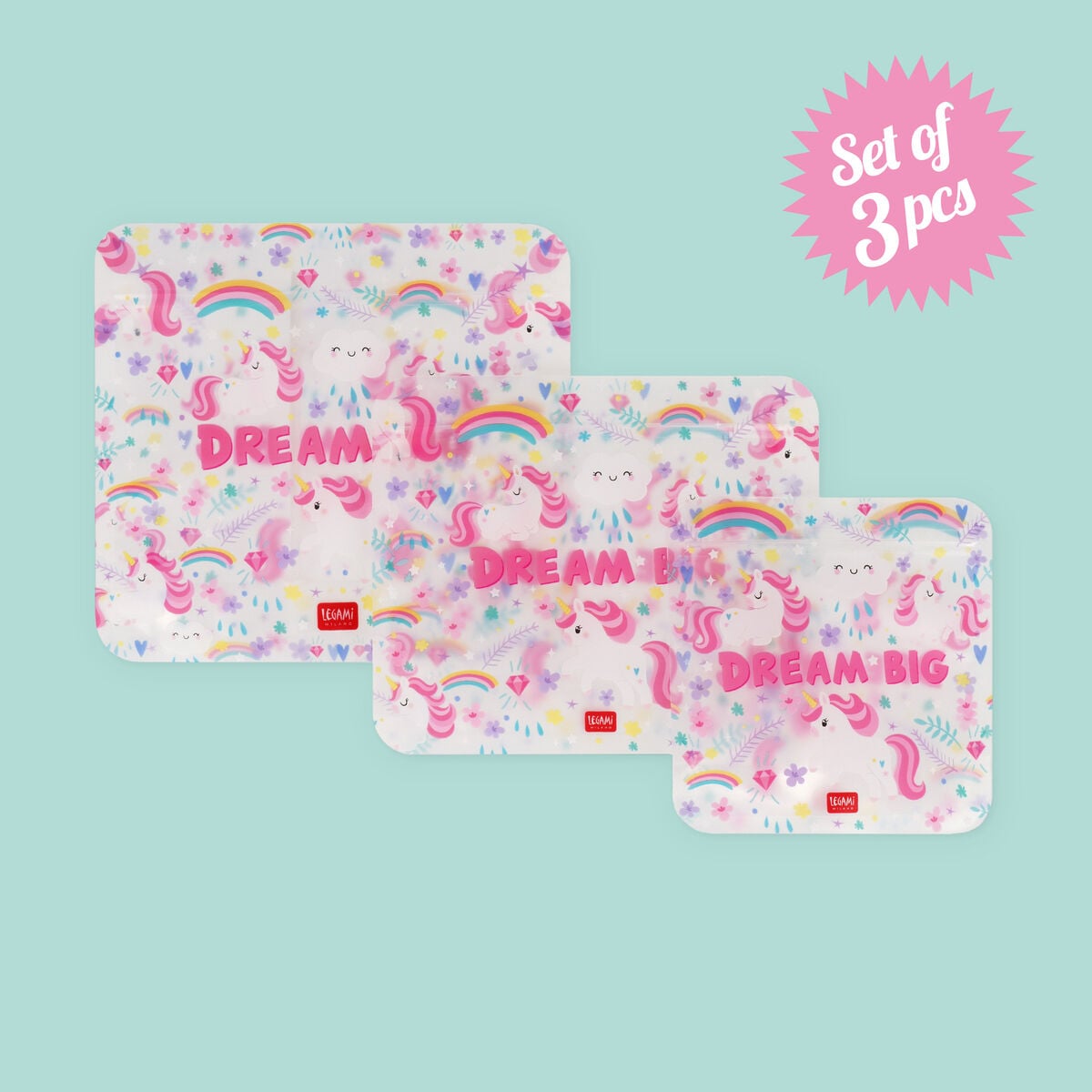 Legami - 3-piece Set Reusable Snack Bags - Unicorn - Snack Bags