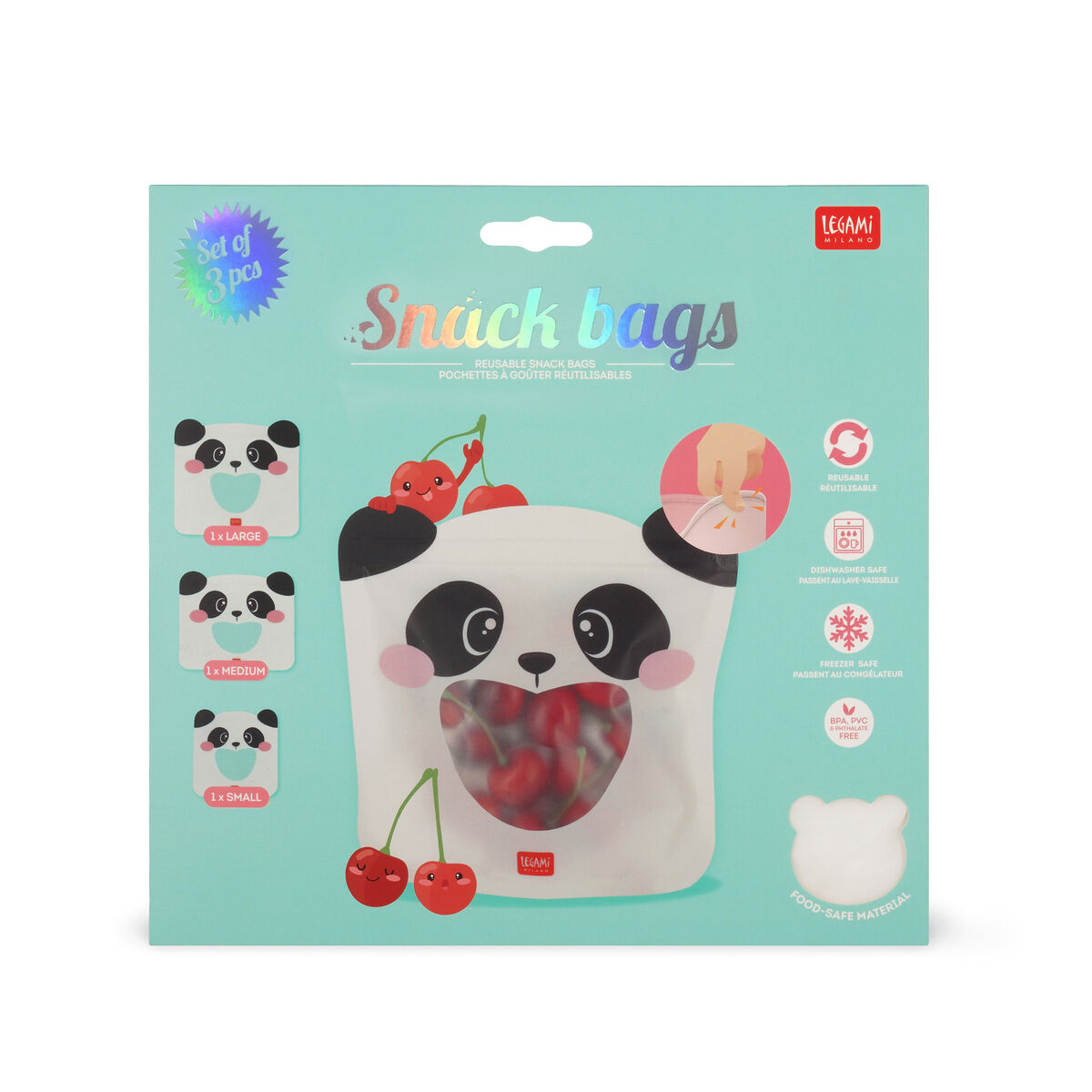 Legami - 3'lü Seti Reusable Snack Bags - Panda - Snack Bags