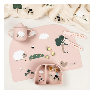 Done by deer - Compartments Suction Bowl Tiny Farm | Pink