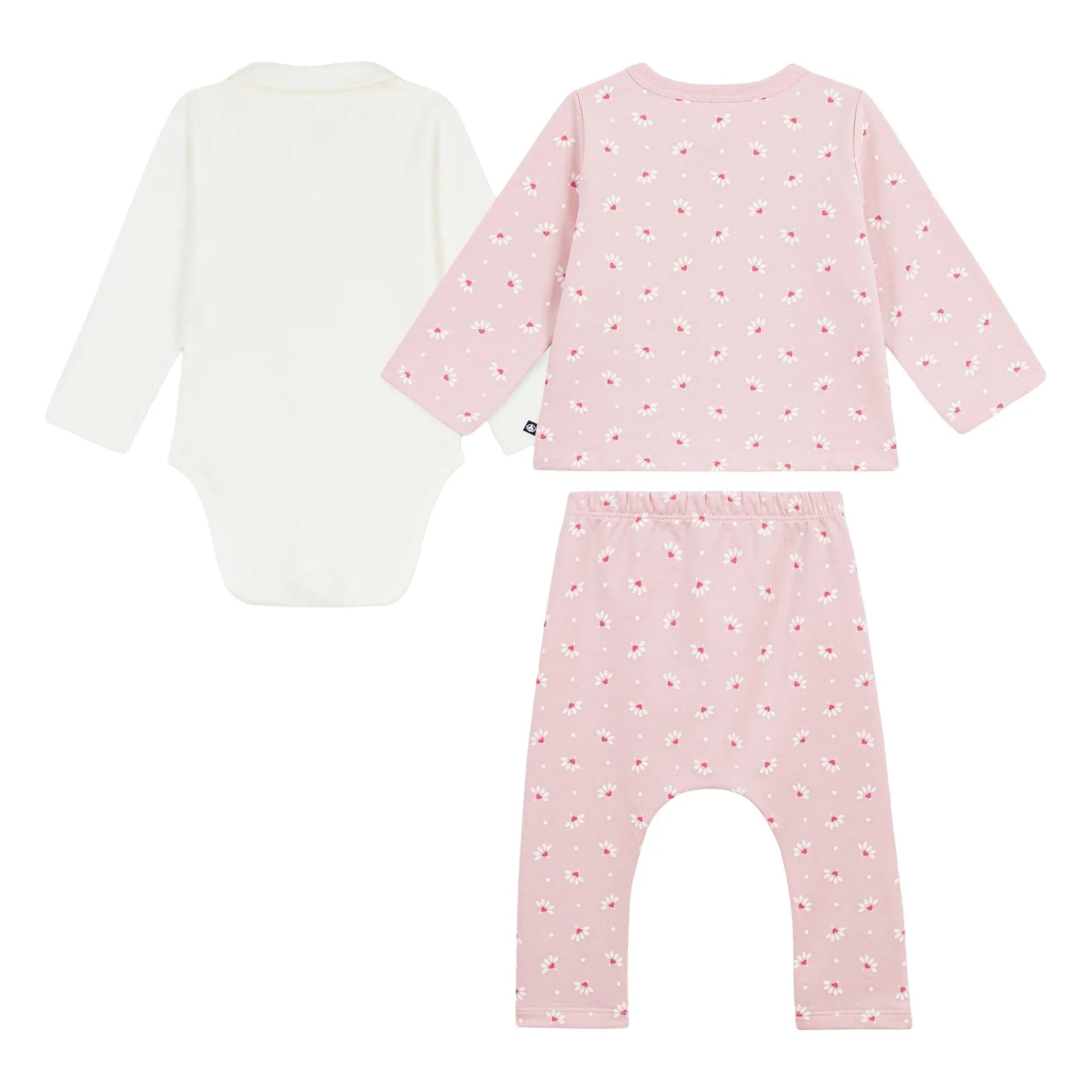 Petit Bateau - Organic Cotton Floral Pattern Cardigan, Pants, and Bodysuit Set | Pink
