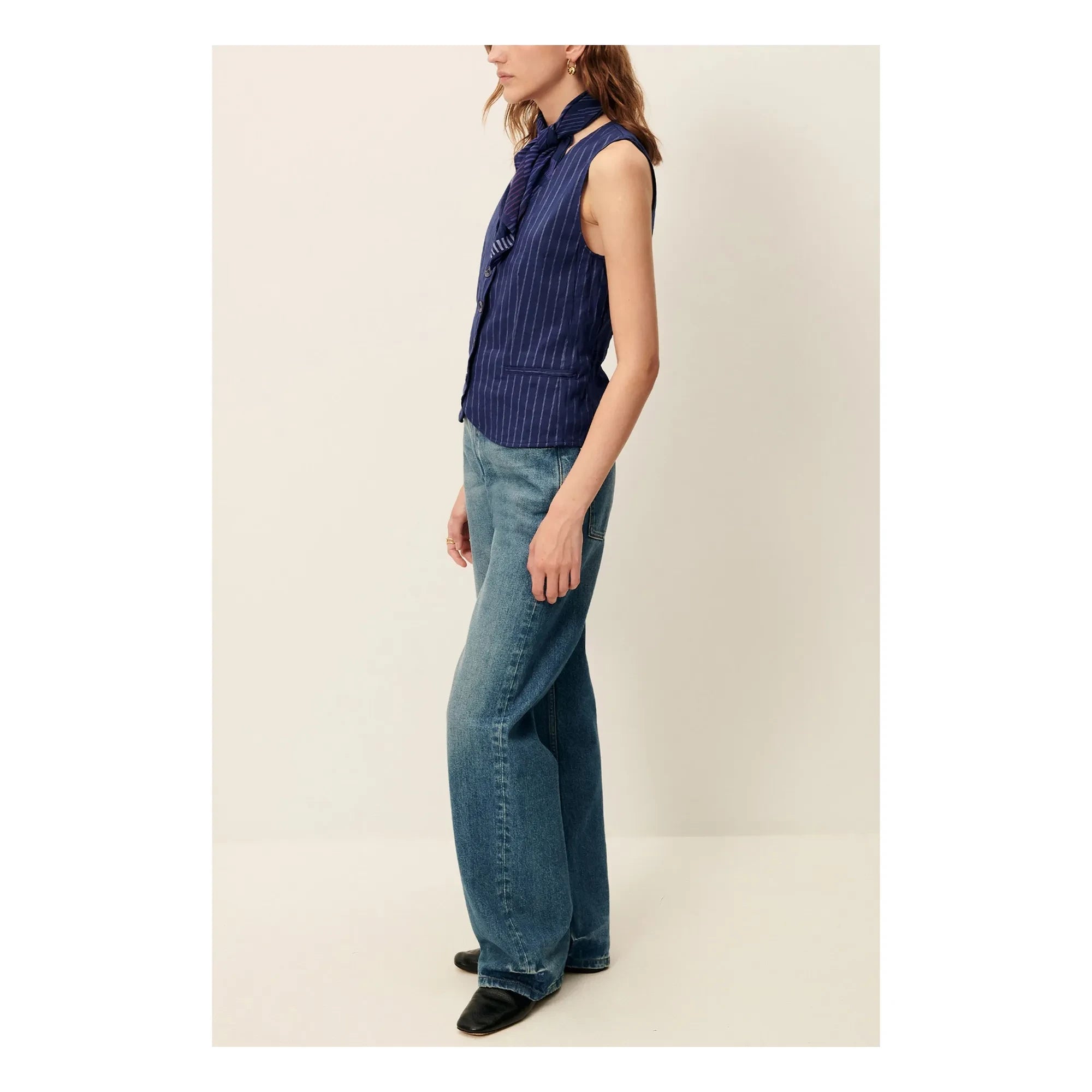 Sessùn - Fernando Linen Striped Sleeveless Blouse | Navy Blue