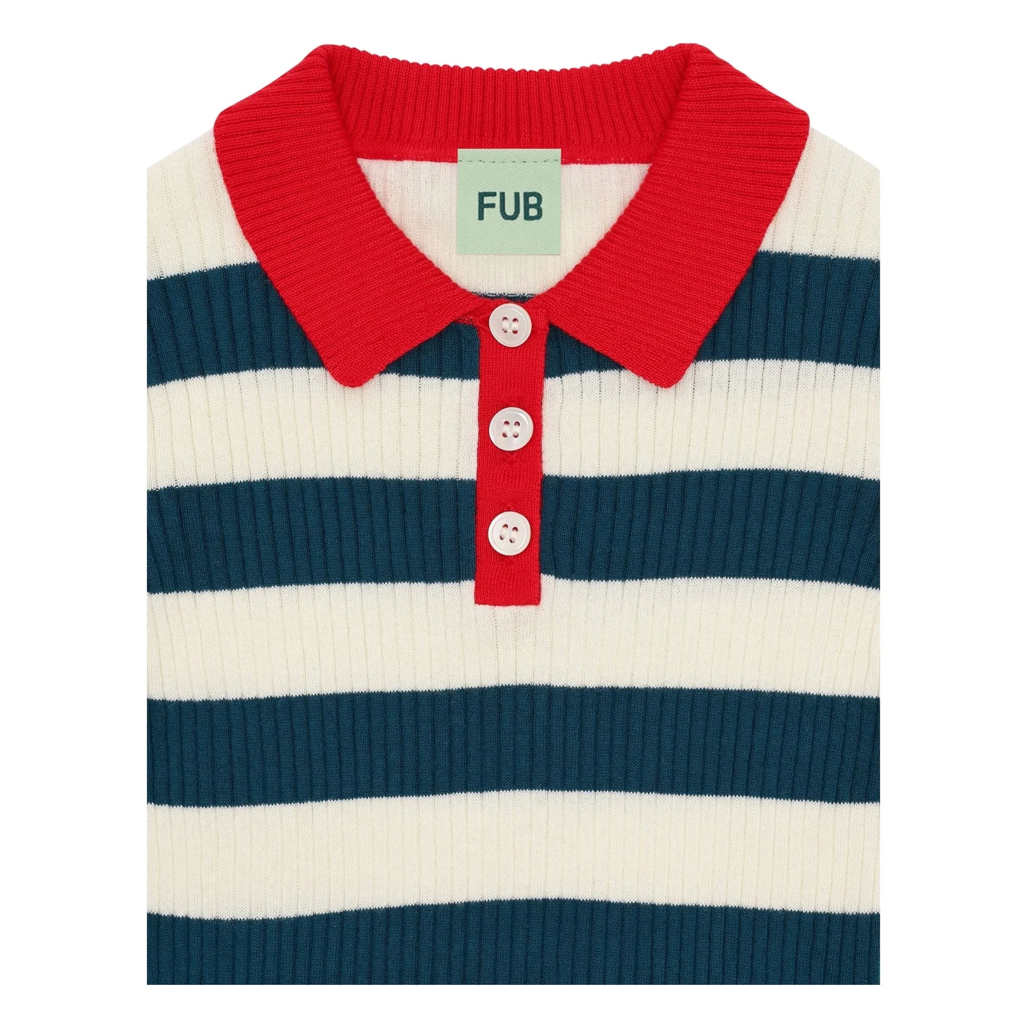 FUB - Striped Ribbed Polo T-Shirt Thin Organic Cotton Knit | Navy Blue