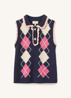 Copenhagen Colors - Kolsuz Argyle Kabarık Kenarlı Yün Kazak | Lacivert