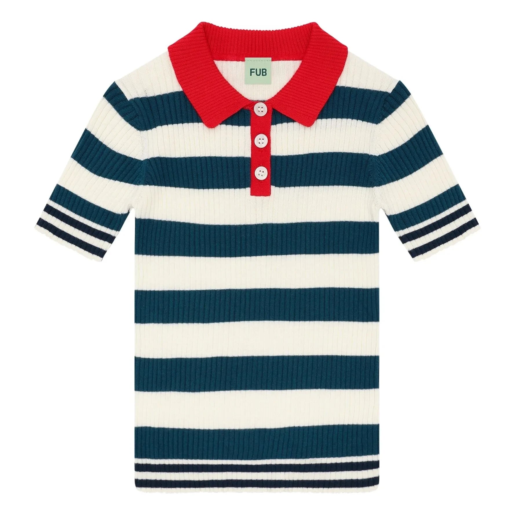 FUB - Striped Ribbed Polo T-Shirt Thin Organic Cotton Knit | Navy Blue