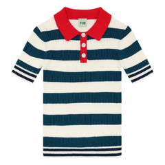 FUB - Striped Ribbed Polo T-Shirt Thin Organic Cotton Knit | Navy Blue