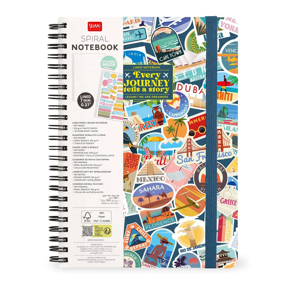 Legami - Çizgili A4 Defter - Resimli Sert Kapak - Seyahat Çıkartmaları - Spiralli