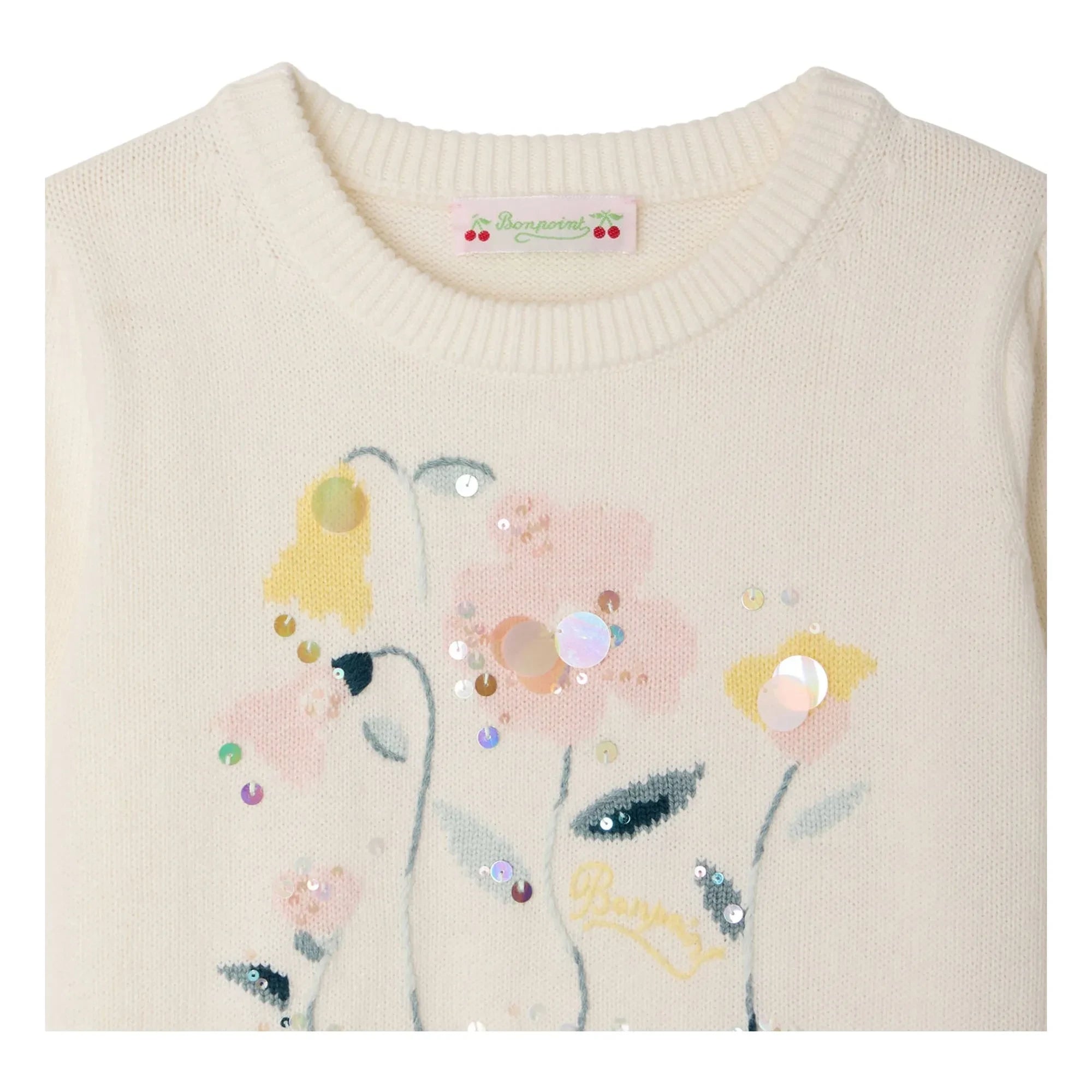 Bonpoint - Elvira Fine Knit T-Shirt Organic Cotton Flowers | Ecru