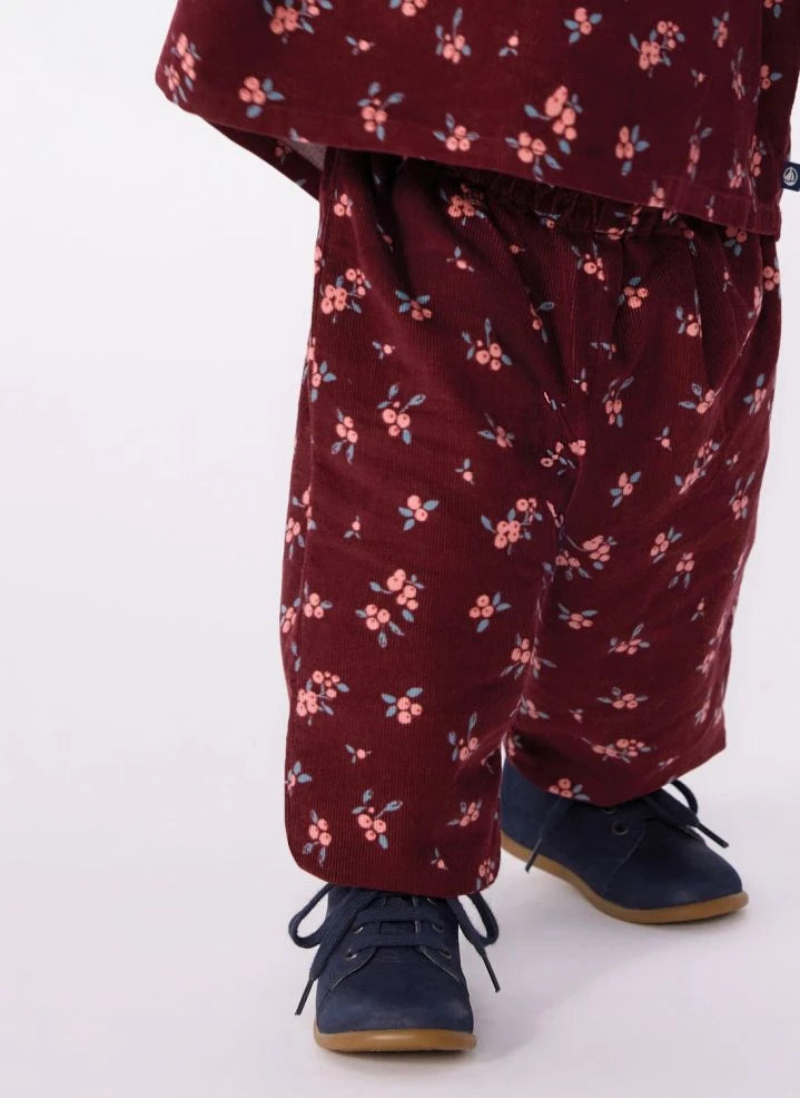 Petit Bateau - Organik Pamuklu Kadife Çiçek Desenli Pantolon | Bordo