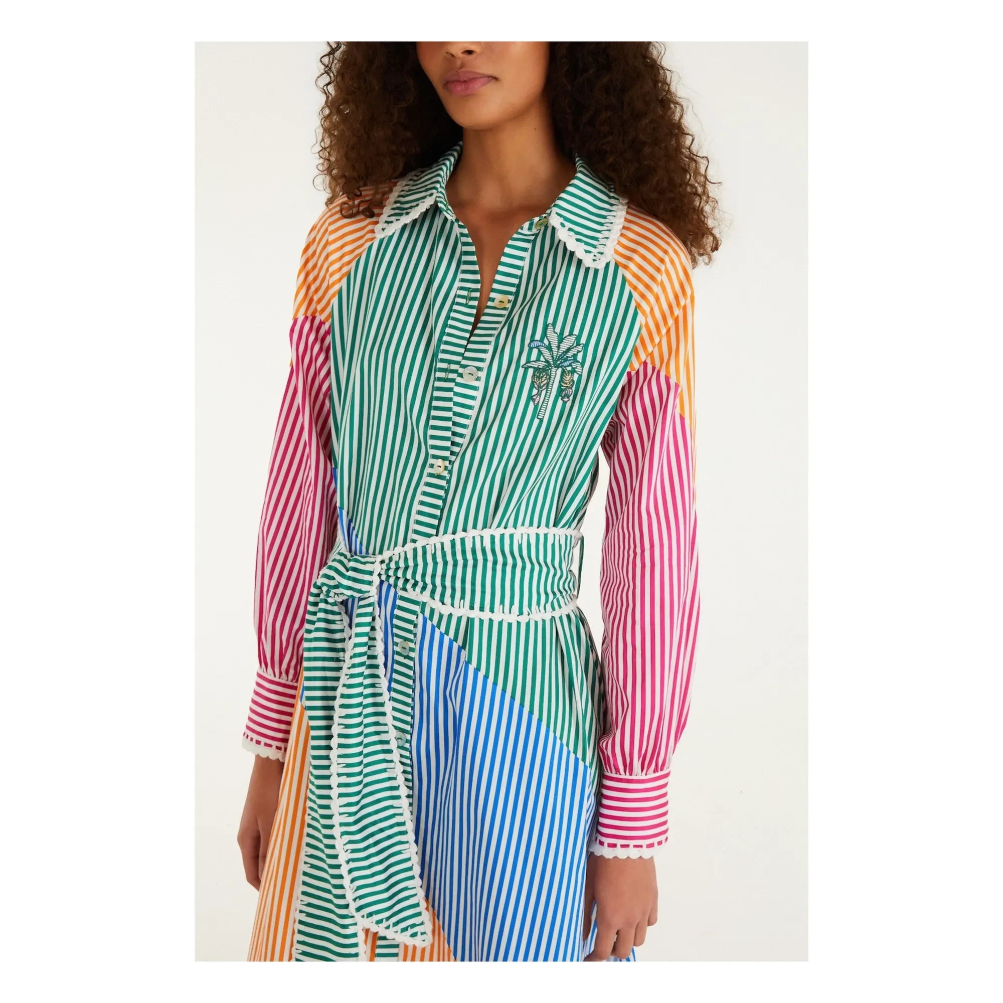 Farm Rio - Pamuklu Çizgili Gömlek Elbise | Yeşil