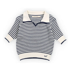 the new society - Striped Knit Polo T-Shirt | Navy Blue
