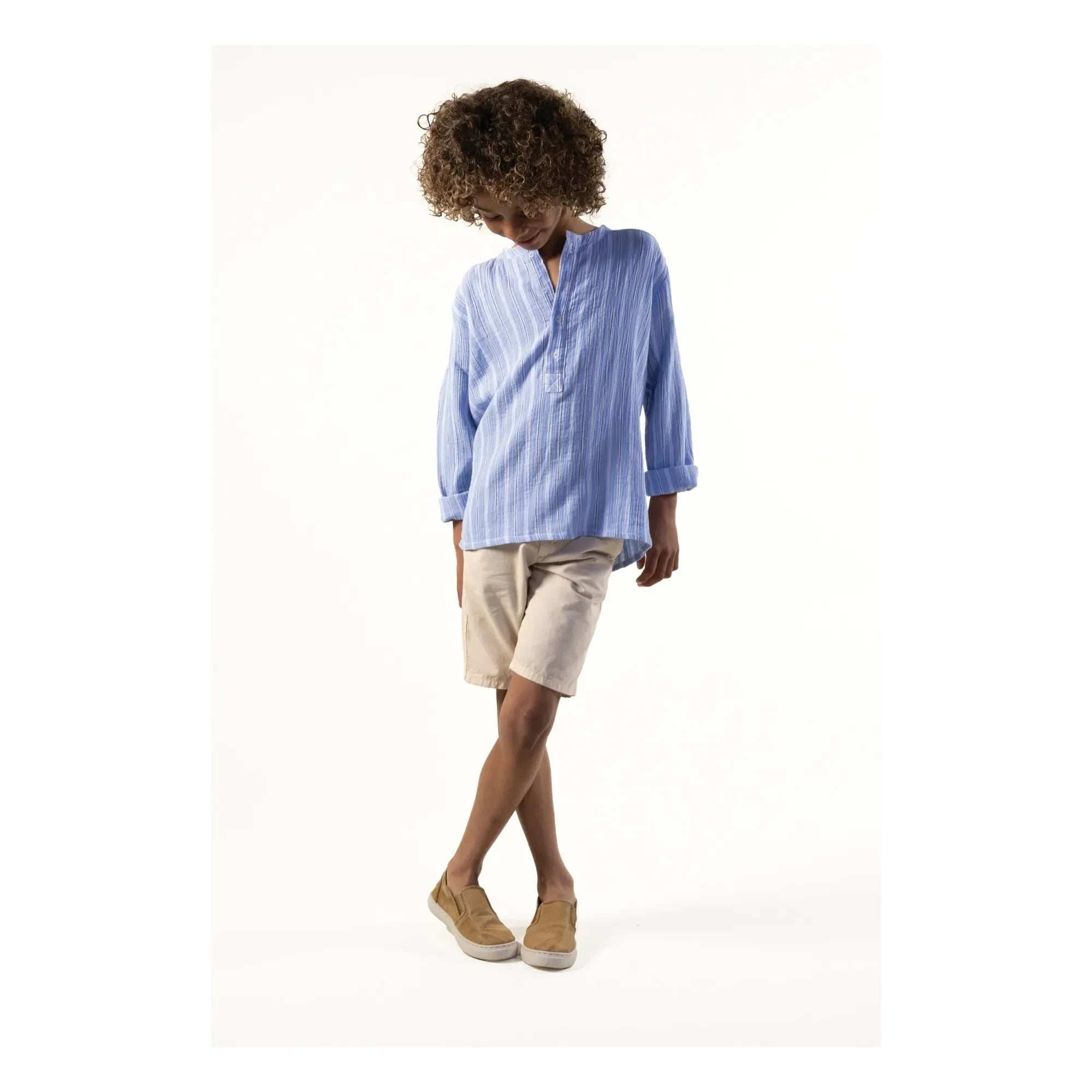 Sunchild - Striped Negril Tunisian collared blouse | Blue