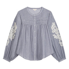 Louise Misha - Jally Striped Organic Cotton Blouse | Blue