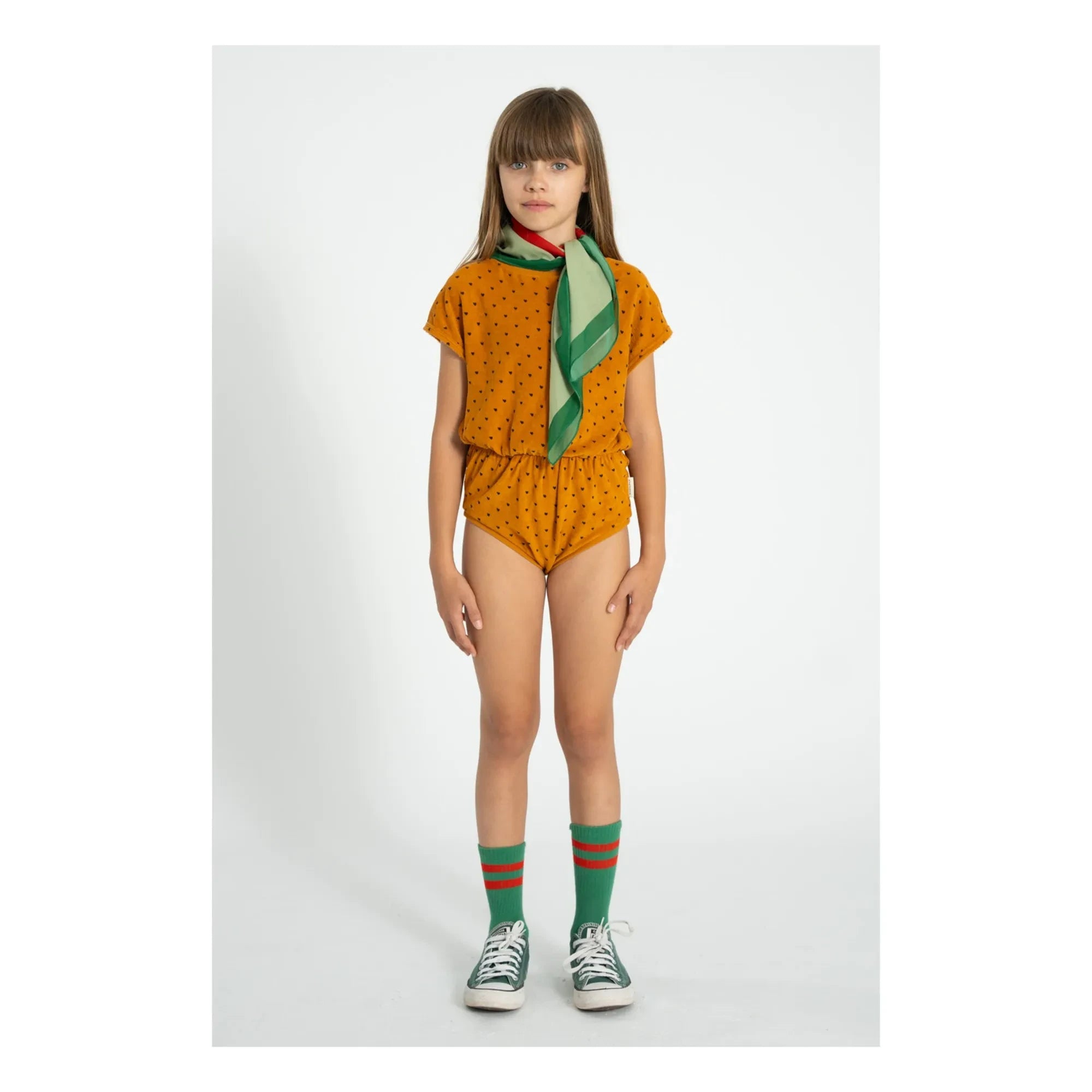 Piupiuchick - Organic Cotton Terry Heart-Print Romper | Camel