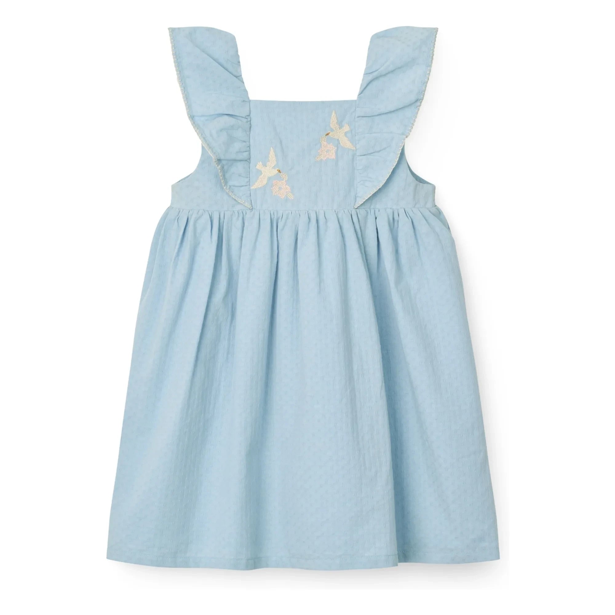 Copenhagen Colors - Floral Embroidered Bird Pattern Organic Cotton Dress | Light Blue