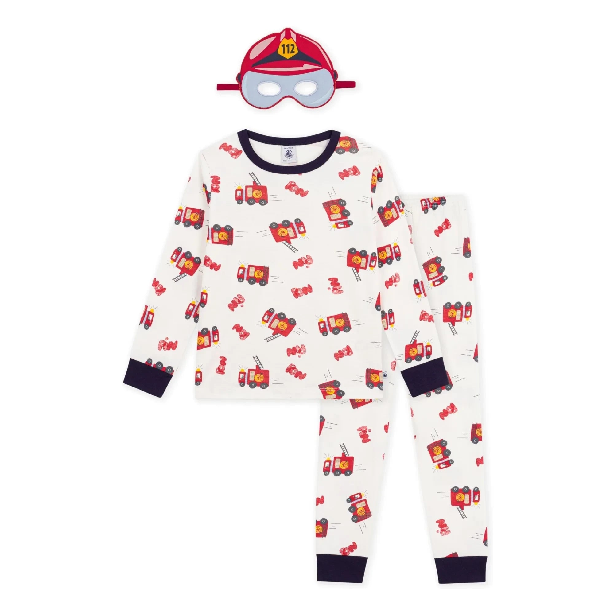 Petit Bateau - Organik Pamuk İtfaiyeci Pijama ve Maske Seti | Beyaz