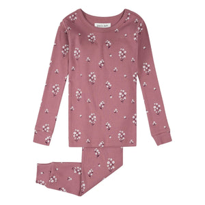 Petit Lem - Organic Cotton Floral Pattern Ribbed Pajama | Dust Pink