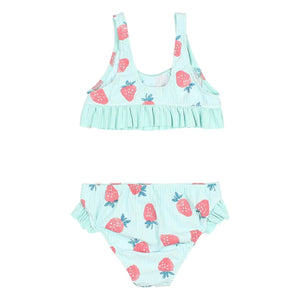 Búho - Strawberry Patterned Ribbed Ruffled Swimsuit | Aqua