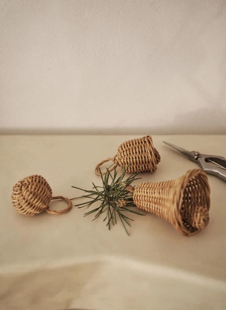 Ferm Living - Woven rattan Christmas ornaments Bells - Set of 3