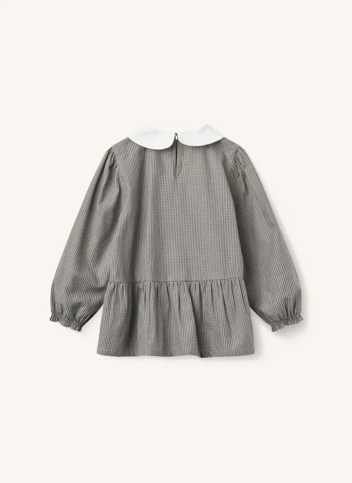 Copenhagen Colors - Nakışlı Peter Pan Yaka, Organik Pamuklu Ekose Bluz | Gri