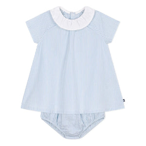 Petit Bateau - Striped Seersucker Organic Cotton Collar and Bloomer Dress Set | Blue
