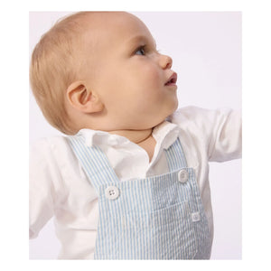 Petit Bateau - Çizgili Seersucker Organik Pamuklu Kısa Salopet | Açık Mavi