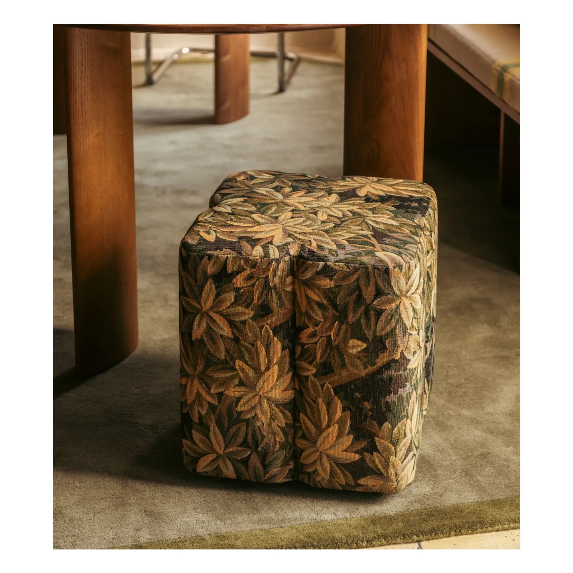 The Socialite Family - Fiori pouf in green leaf pattern tapestry fabric | White