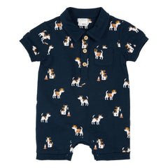 Petit Lem - Organic Cotton Towel Dogs Romper | Navy Blue