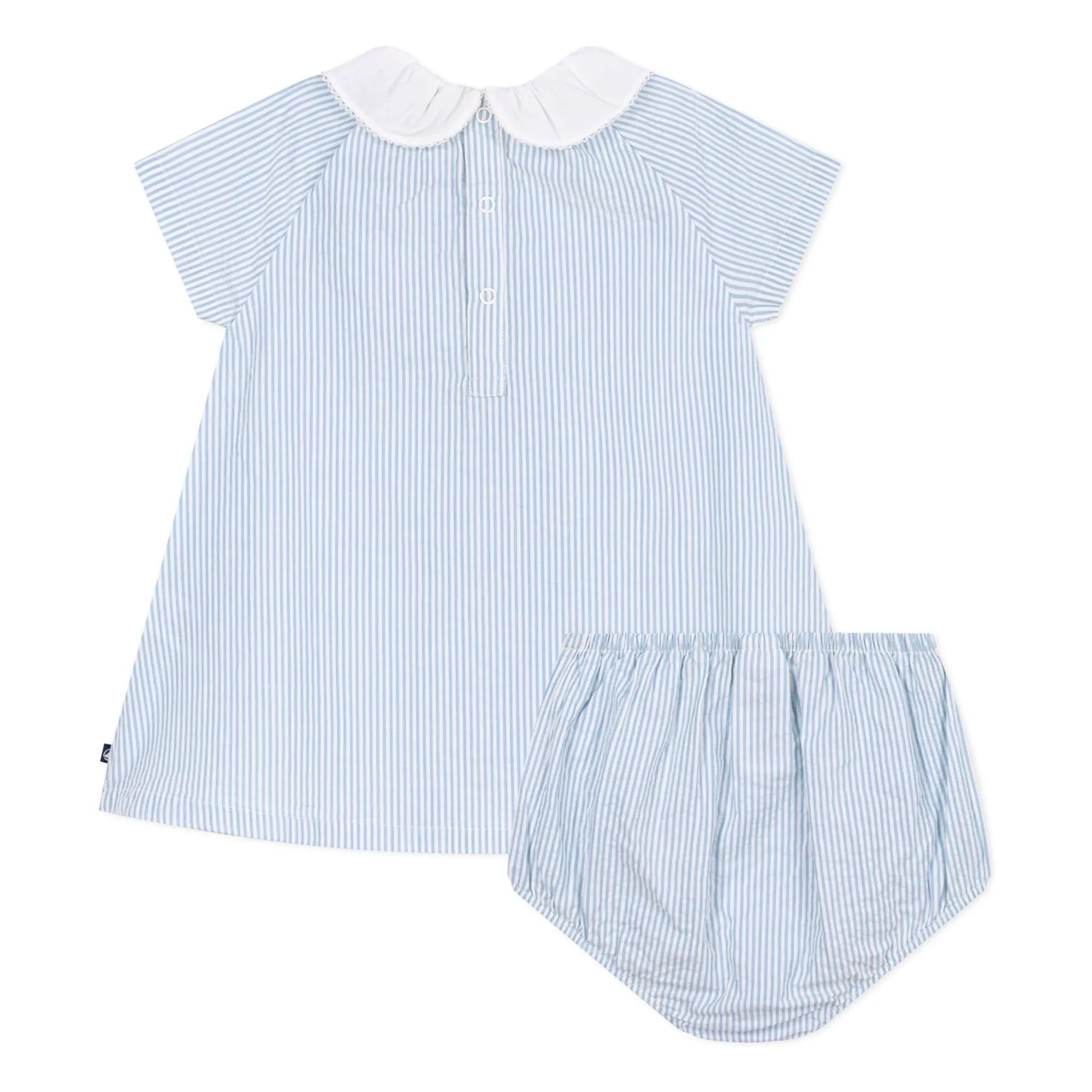 Petit Bateau - Striped Seersucker Organic Cotton Collar and Bloomer Dress Set | Blue