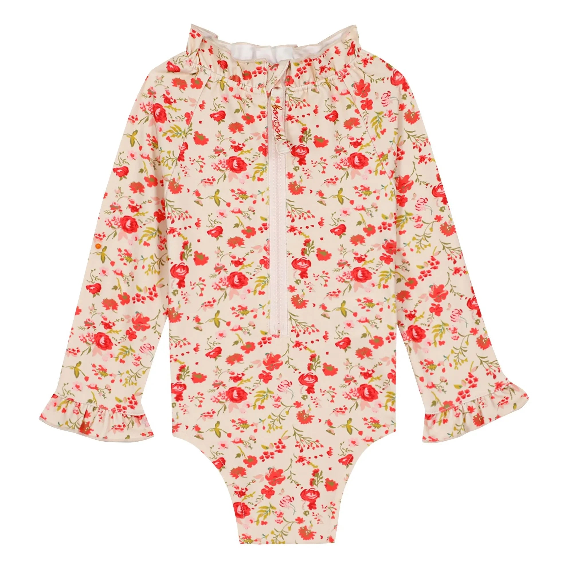 Bonton - Floral Ruffled Collar Long Sleeve Swimsuit | Red