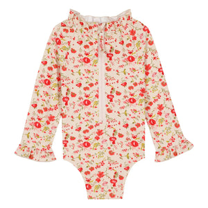 Bonton - Floral Ruffled Collar Long Sleeve Swimsuit | Red