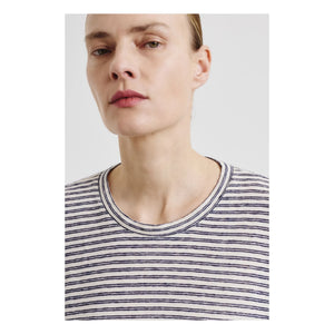 Pomandère - Cotton and Linen Jarse Striped T-Shirt | Night Blue