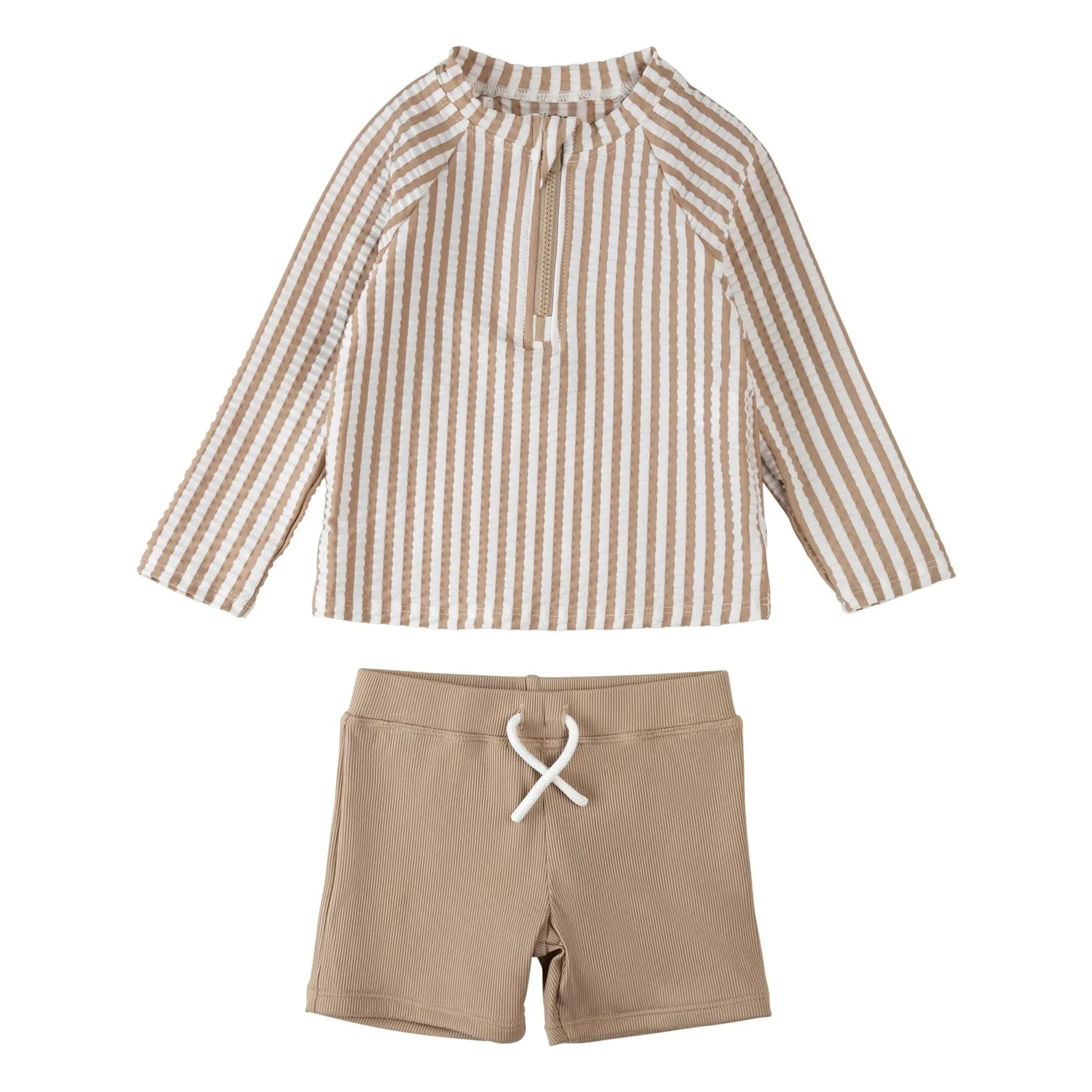 Petit Lem - Seersucker Striped UV Protective T-Shirt and Shorts Set Made from Recycled Fibers | Beige