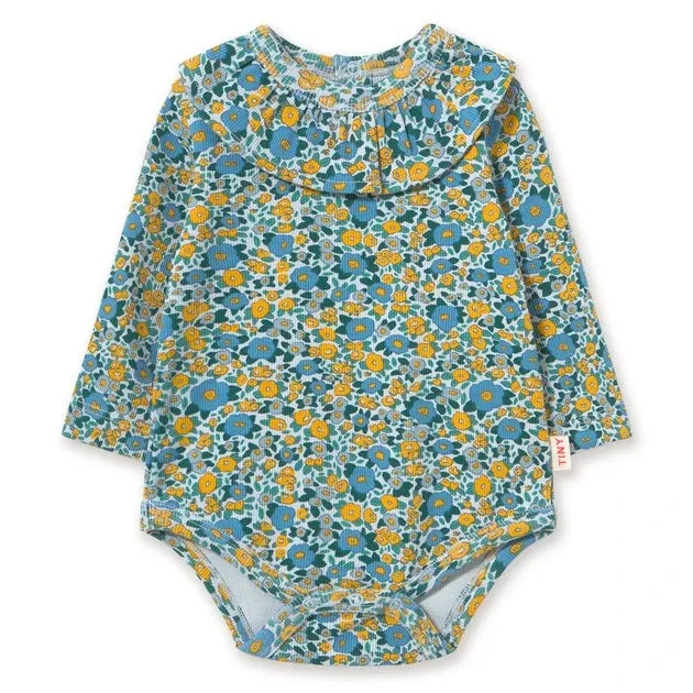 Tinycottons - Organic Cotton Ribbed Floral Pattern Bodysuit | Blue