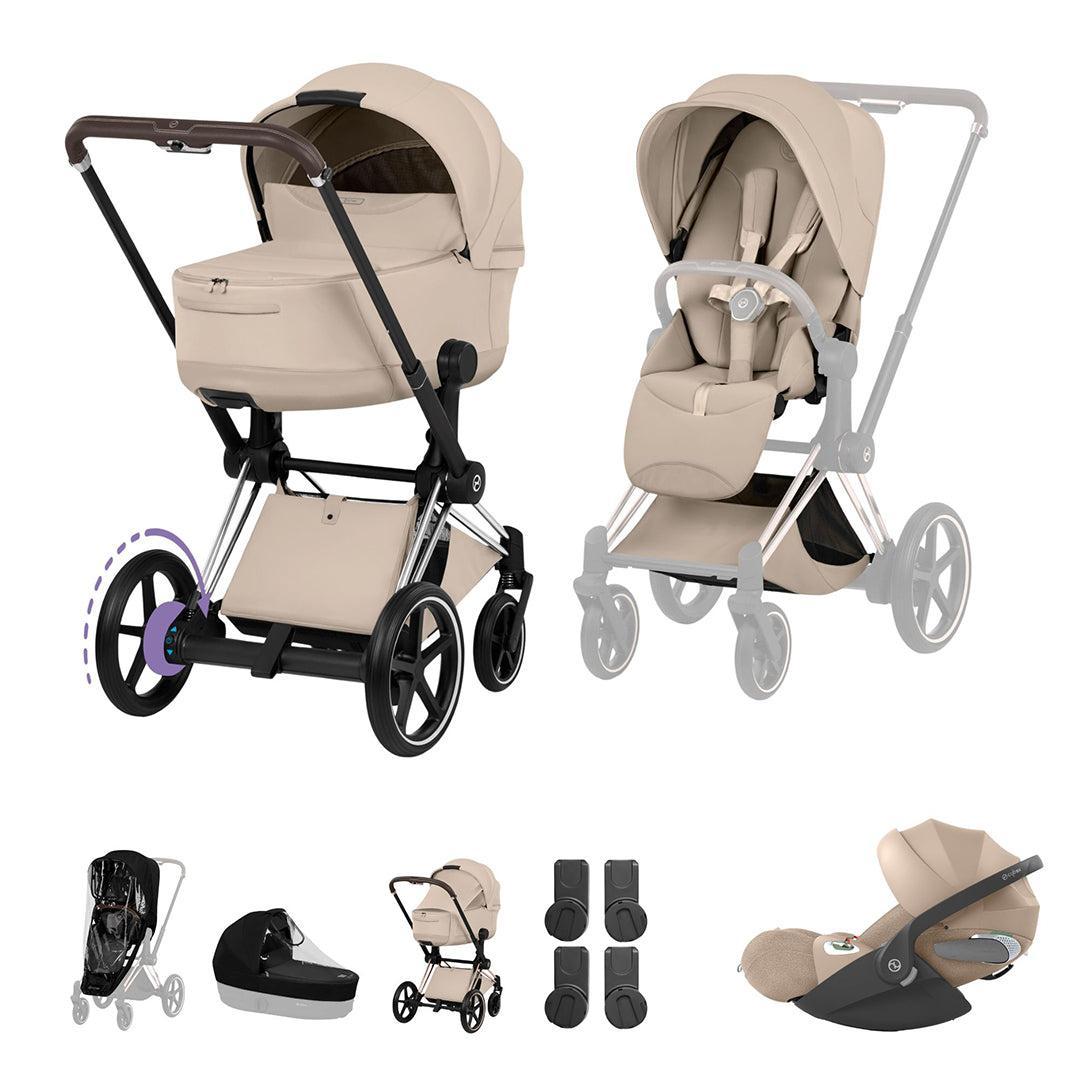 Cybex e-Priam Ultimate Bundle - Style Collection-Travel Systems-Cozy Beige-Chrome Brown | Natural Baby Shower