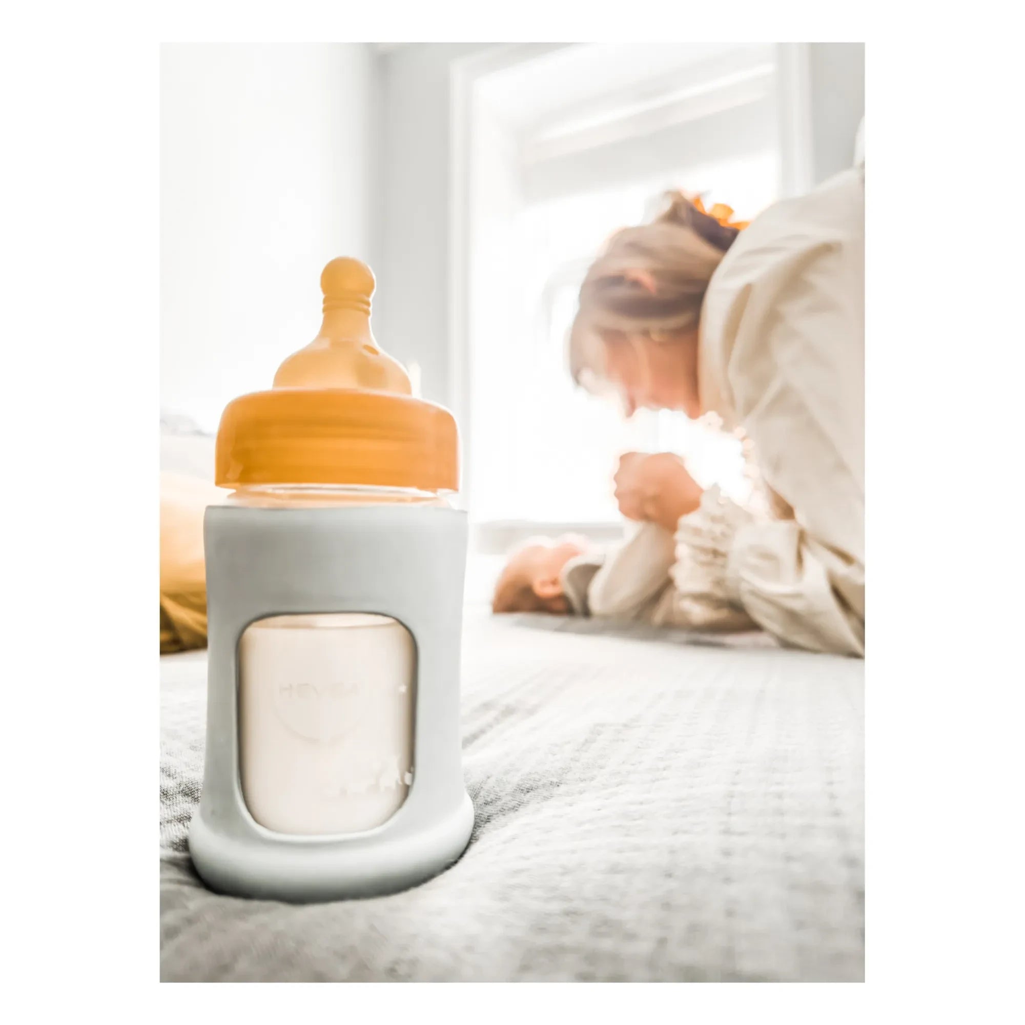 Hevea - Slow Flow Wide Mouth Protective Glass Bottle with Cover | Almond Green