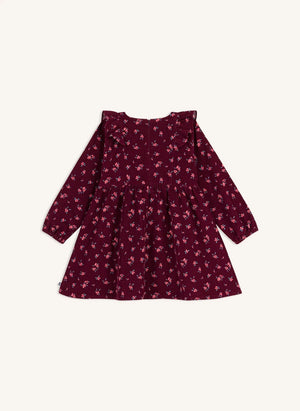 Petit Bateau - Organik Pamuk Keten Çiçekli Fırfırlı Elbise | Bordo