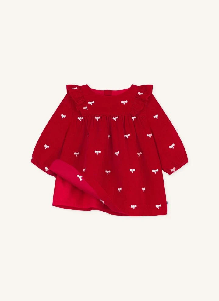 Petit Bateau - Kırmızı Organik Pamuk Korduroy Fiyonklu Elbise